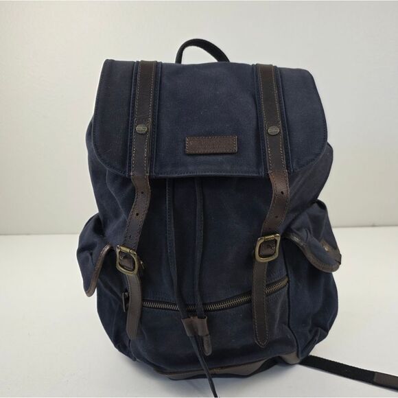 Racing Green British Style Navy Canvas Backpack Leather Trim 17"x12"x6" - Picture 1 of 11